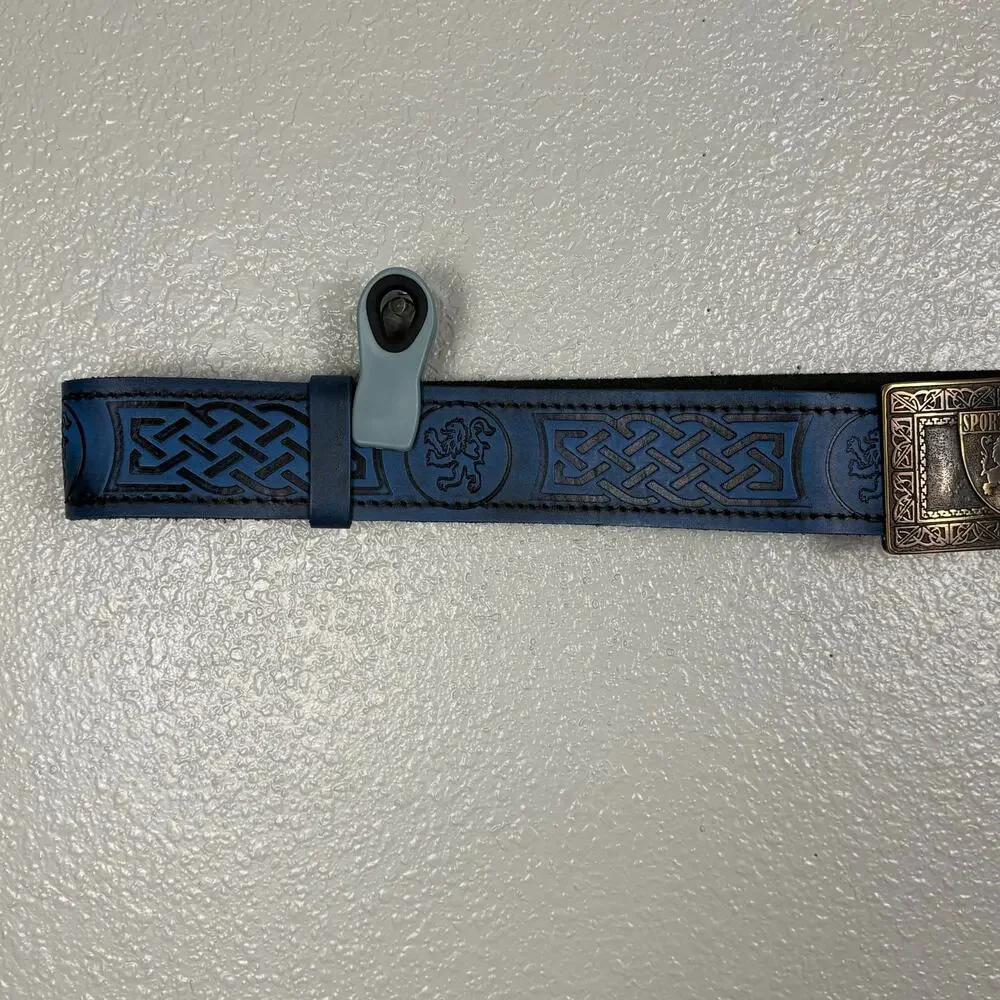 Size XXL Sport Kilt Belt Blue Gold Buckle Lion Black Filigree Detail Velcro